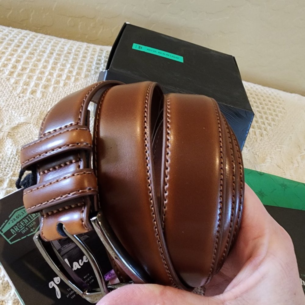 NIB Mio Marino Men Genuine Leather 58" Brown Dress Belt with Single Prong Buckle